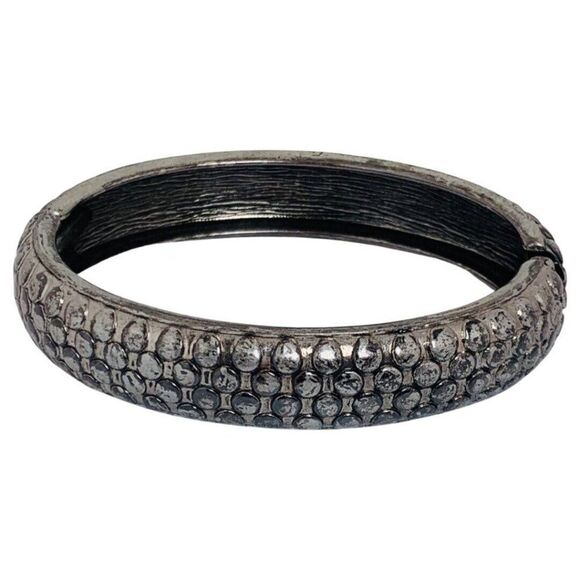 Vintage Circle Cobblestone Snake Skin Hammered Silver Tone Clamper Bracelet 7.5 - Picture 5 of 7